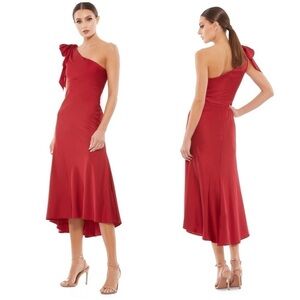 Ieena for Mac Duggal 55387 Satin One Shoulder Midi Dress in Deep Red Size 2